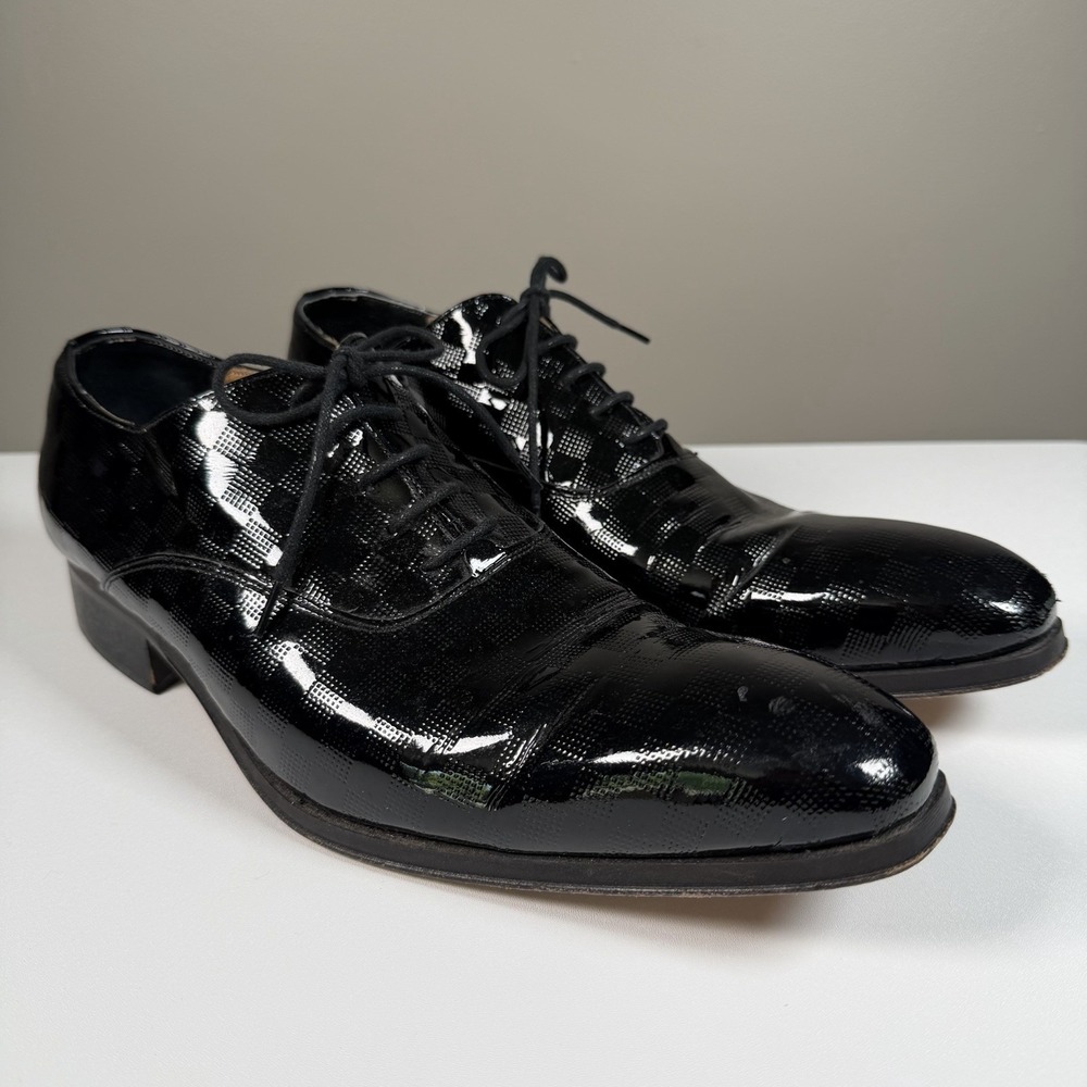 Morgan Italy Mens Black Patent Leather Oxford Dress Shoes Checkerboard 12